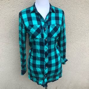 Sandra blue navy plaid long sleeve top size S